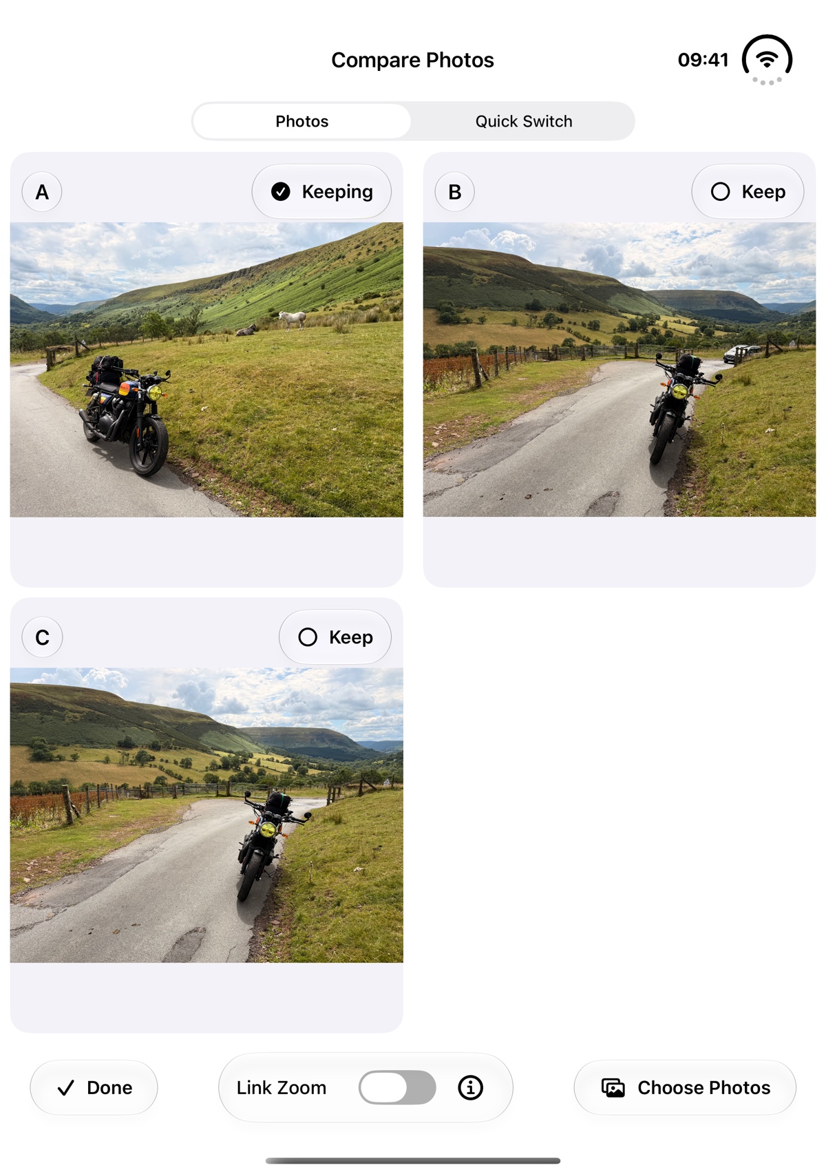 Three similar motorcycle photos being compared on the open iPhone Duo, with keeper choices and linked zoom controls