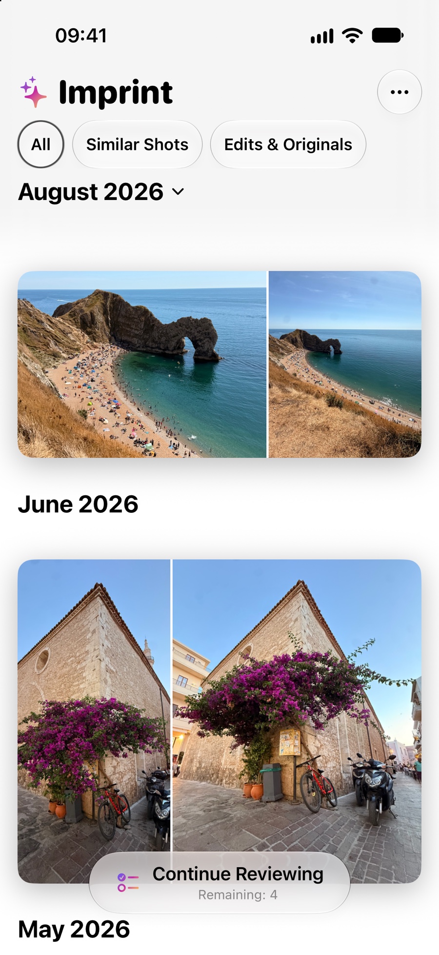 Imprint's home screen — collections of similar photos, grouped by month, each showing its best shot
