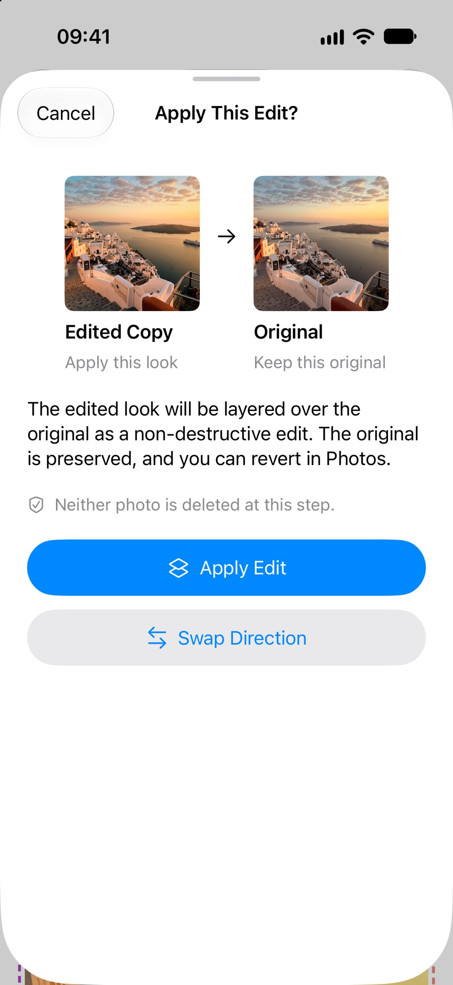 Apply This Edit? confirmation showing the edited copy, the original and an explanation of the reversible edit