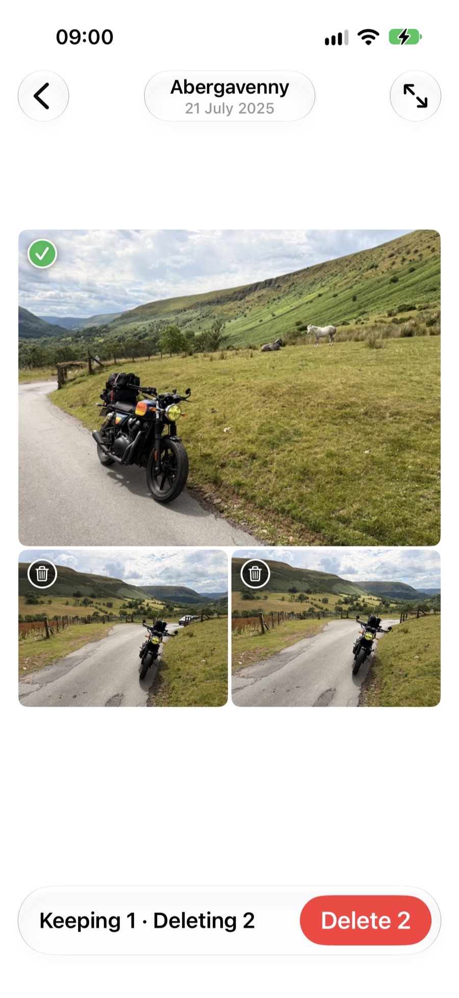 A collection of three similar photos: the best shot large on top marked to keep, two more beneath marked to delete