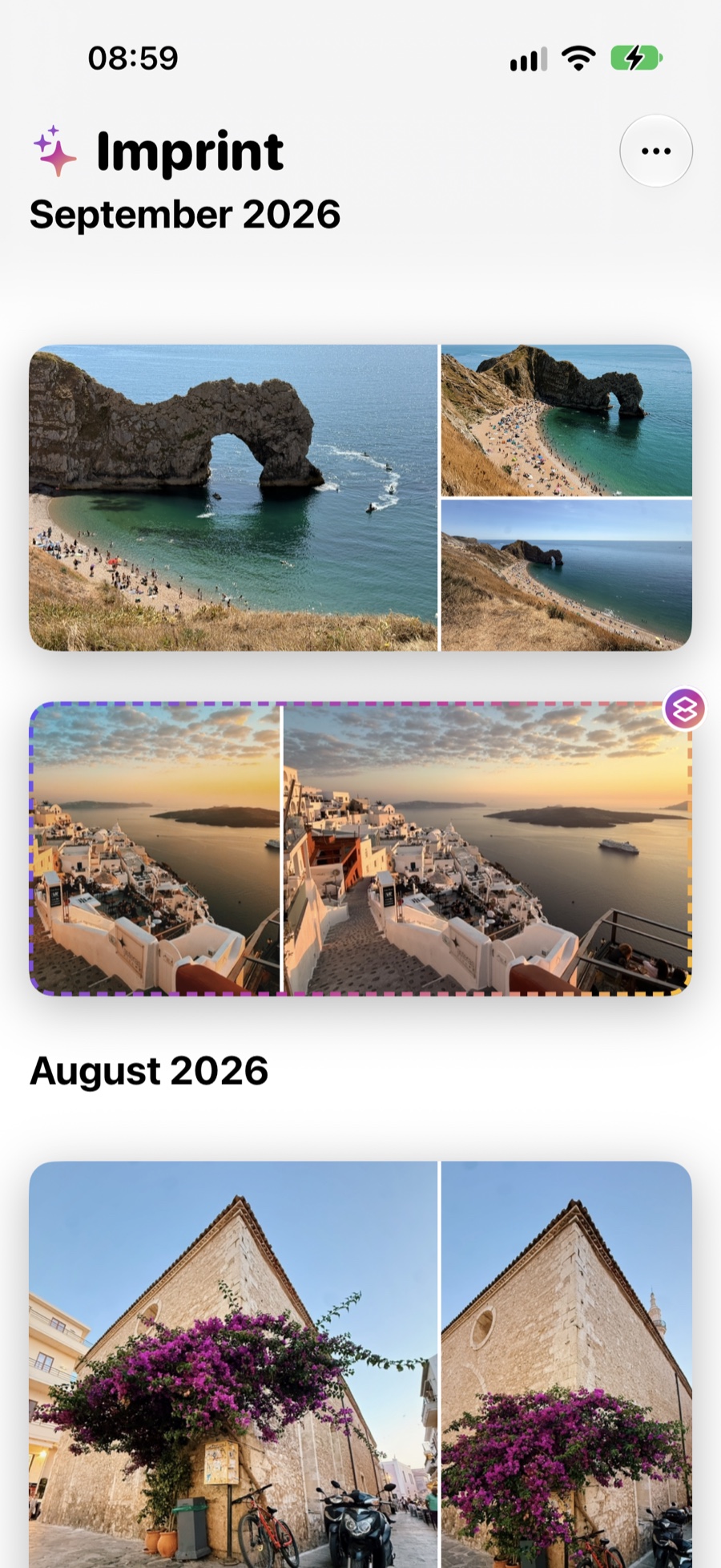 Imprint's home screen — collections of similar photos, grouped by month, each showing its best shot