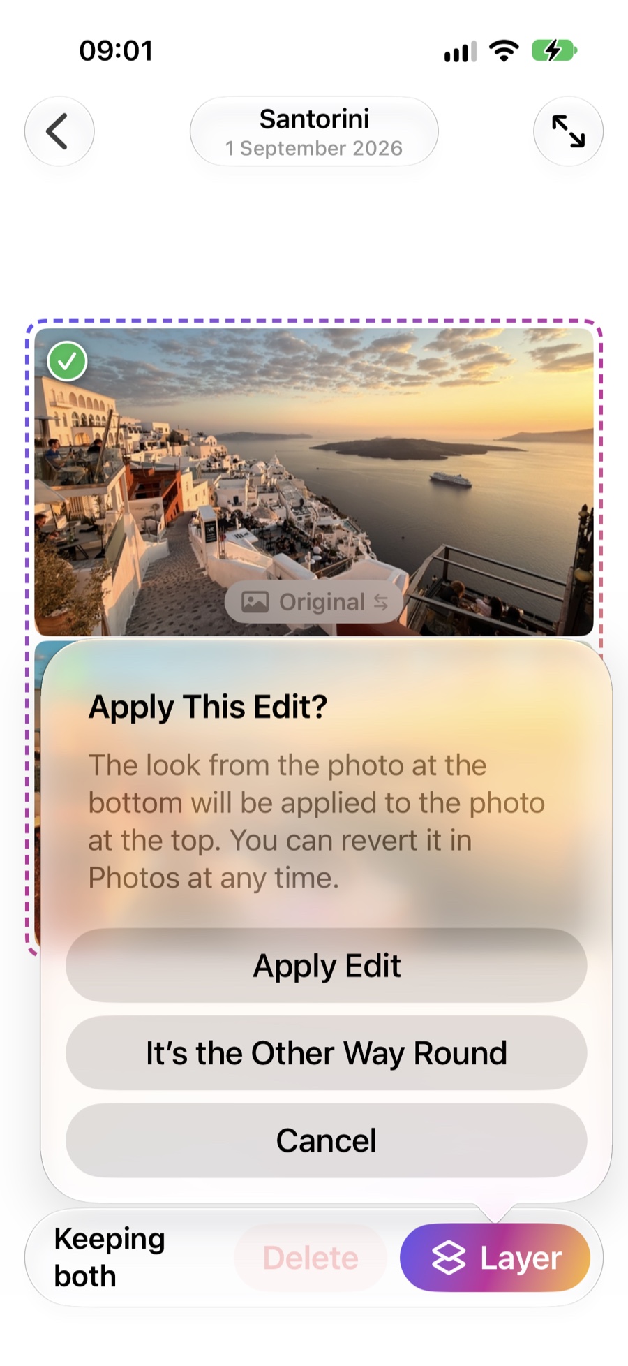 Imprint asking Apply This Edit?, anchored to the Layer button, having worked out which photo is which